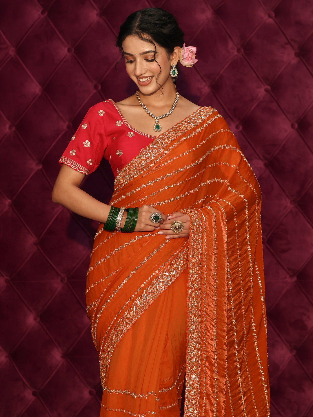 Libas Art Orange Embellished Tissue Saree