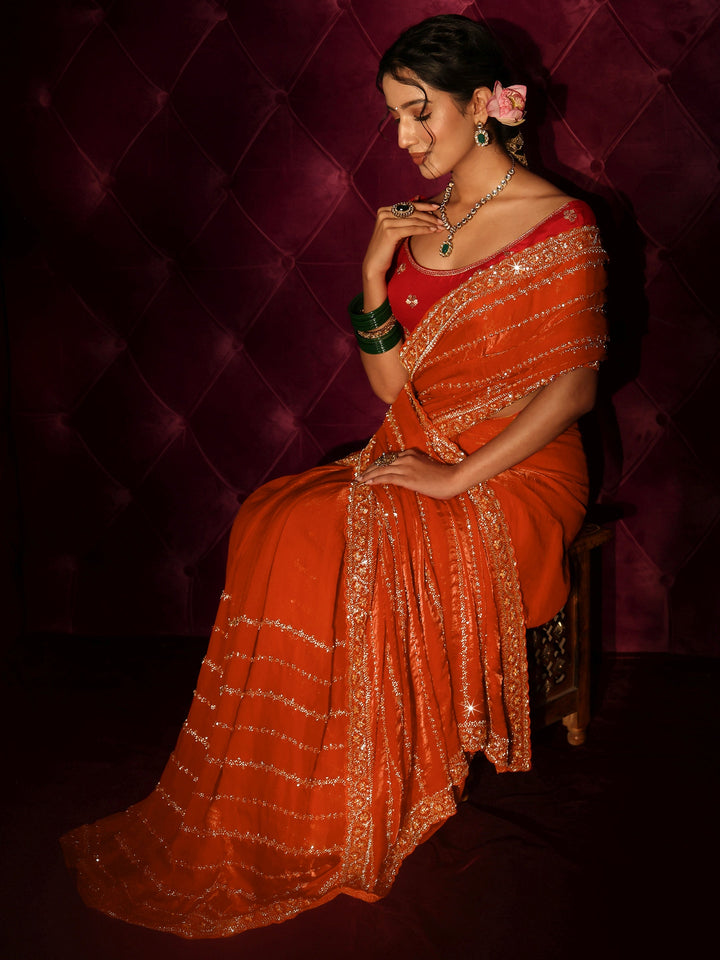 Libas Art Orange Embellished Tissue Saree
