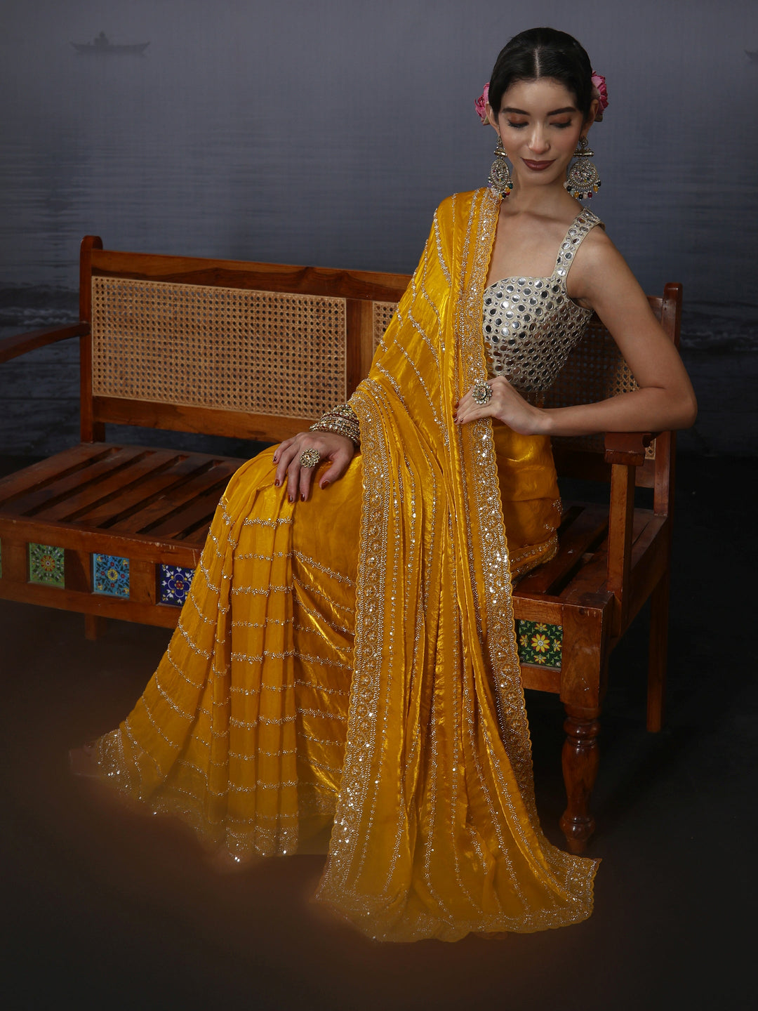 Libas Art Mustard Embellished Tissue Saree