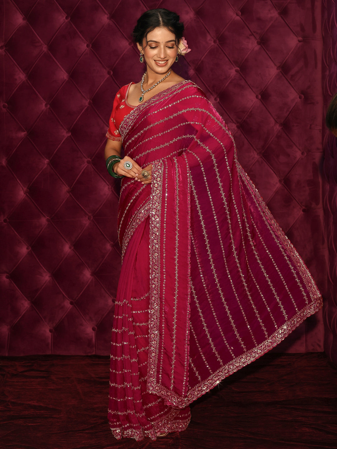 Libas Art Pink Embellished Silk Blend Saree