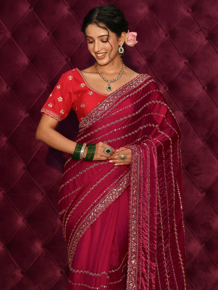 Libas Art Pink Embellished Silk Blend Saree