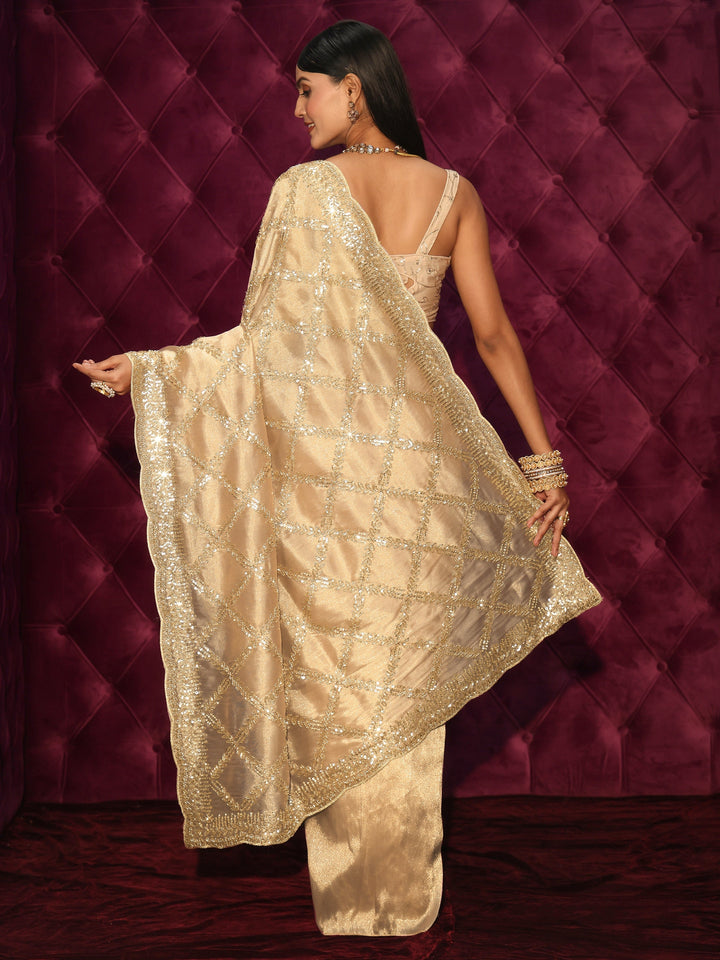 Libas Art Golden Sequin Embellished Tissue Saree