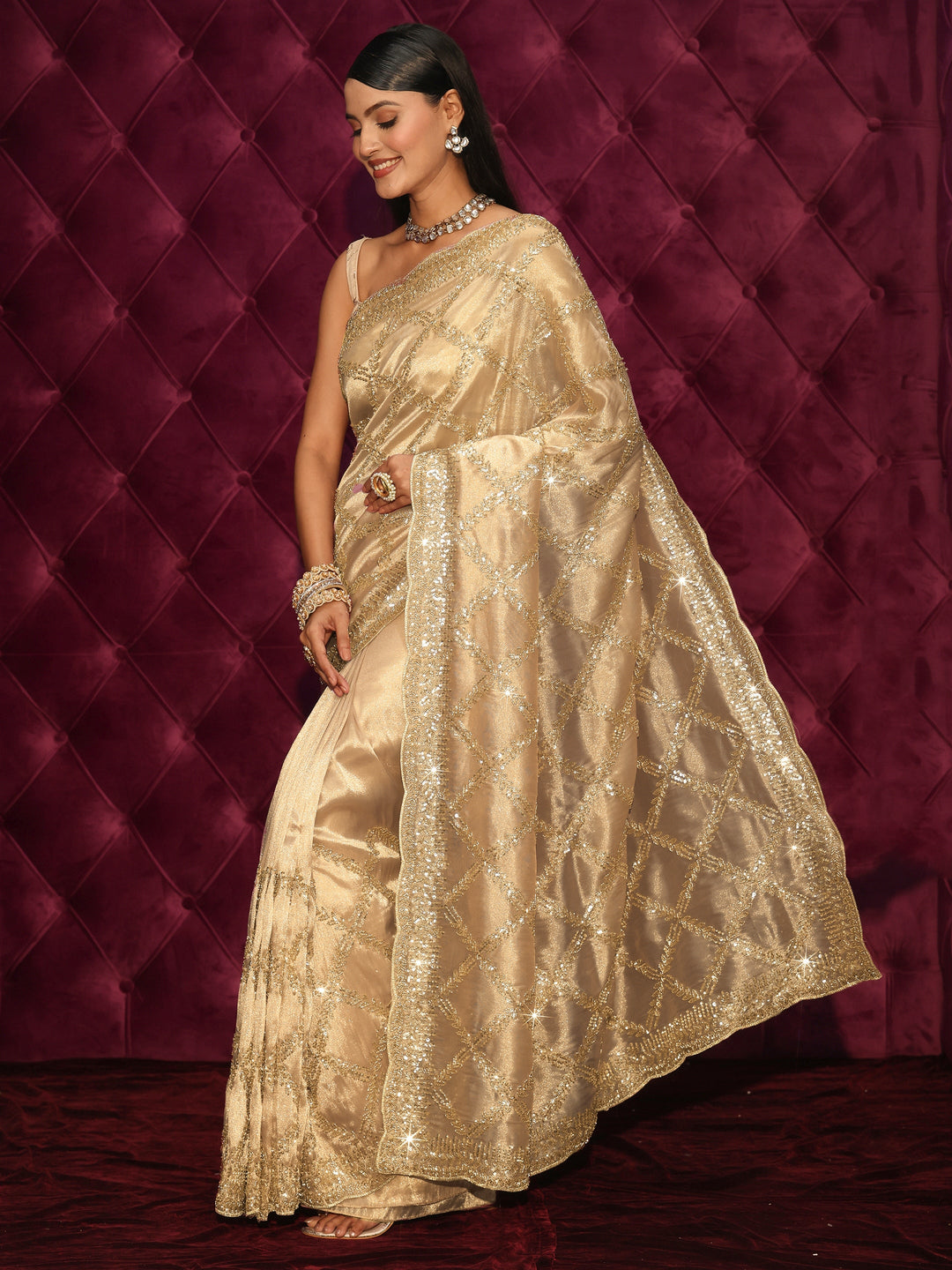 Libas Art Golden Sequin Embellished Tissue Saree