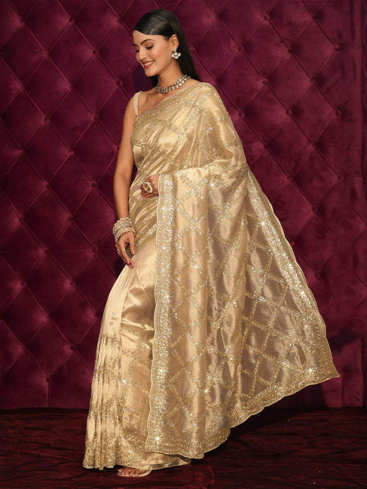 Libas Art Golden Sequin Embellished Tissue Saree