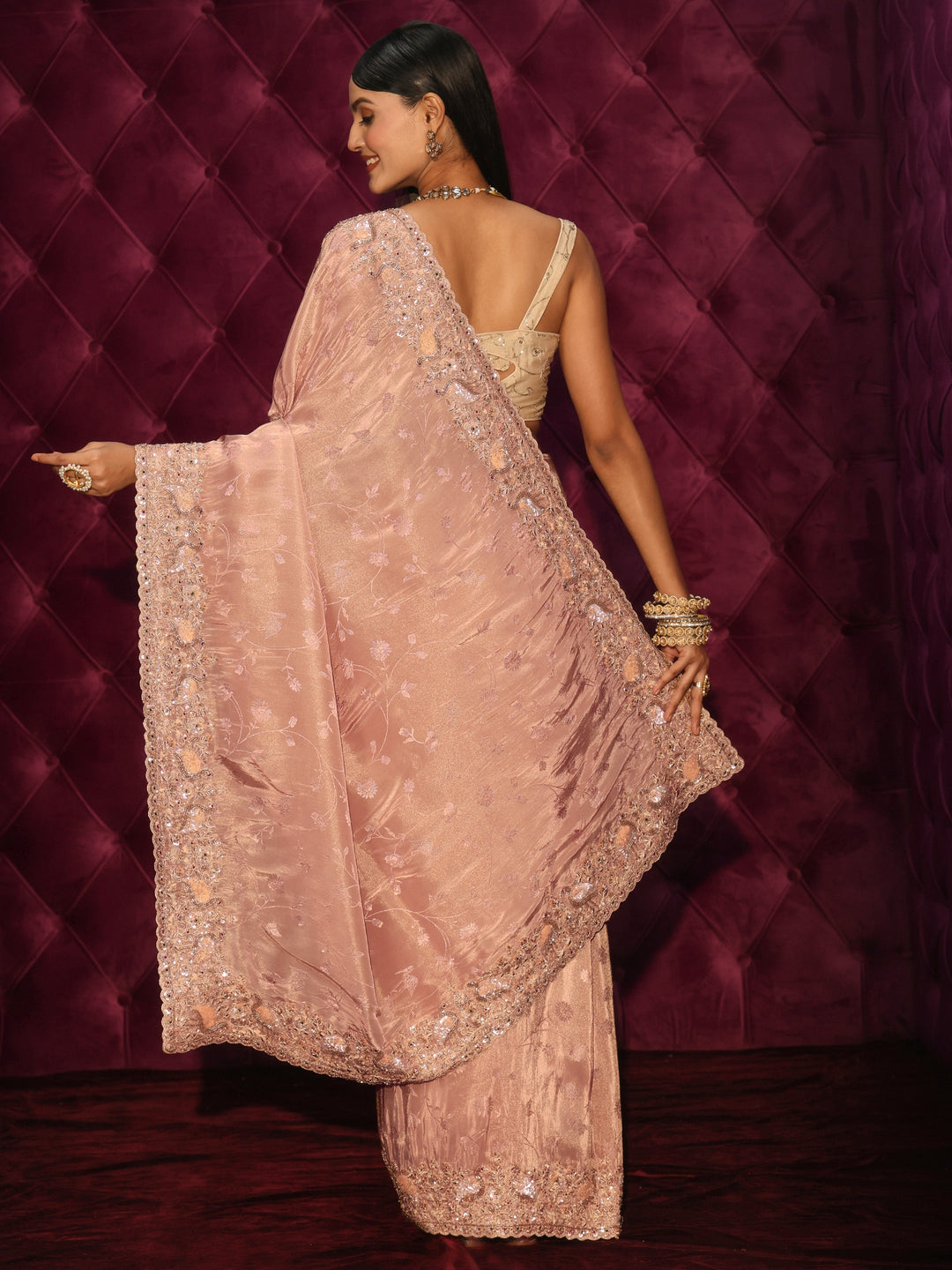 Libas Art Mauve Floral Woven Design Silk Blend Saree with Embellished Border