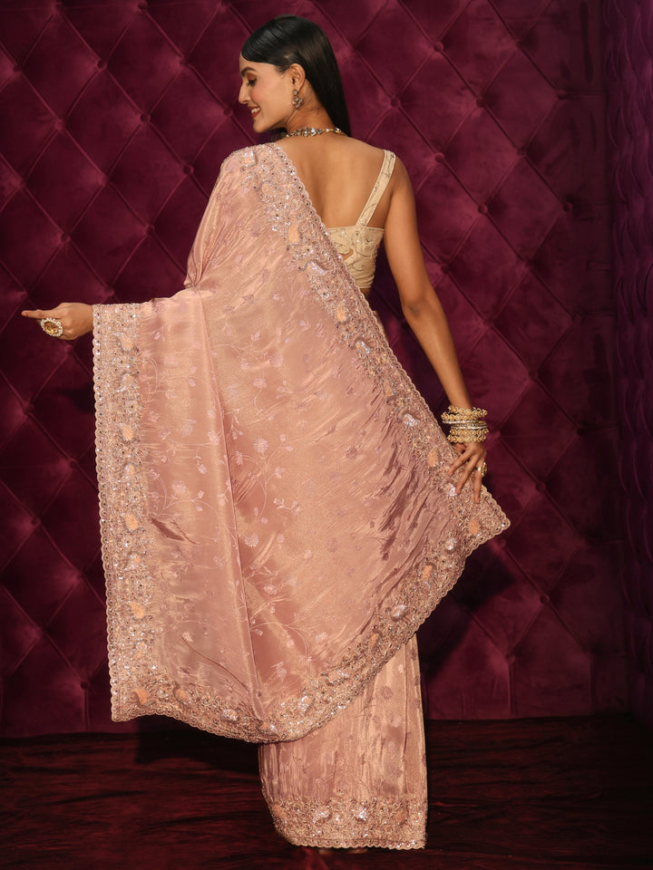 Libas Art Mauve Floral Woven Design Silk Blend Saree with Embellished Border