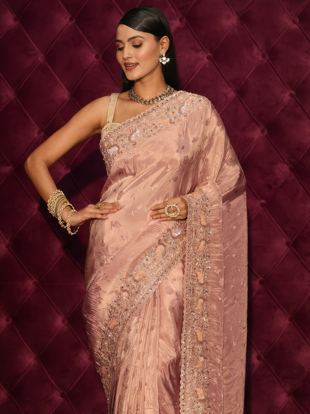 Libas Art Mauve Floral Woven Design Silk Blend Saree with Embellished Border