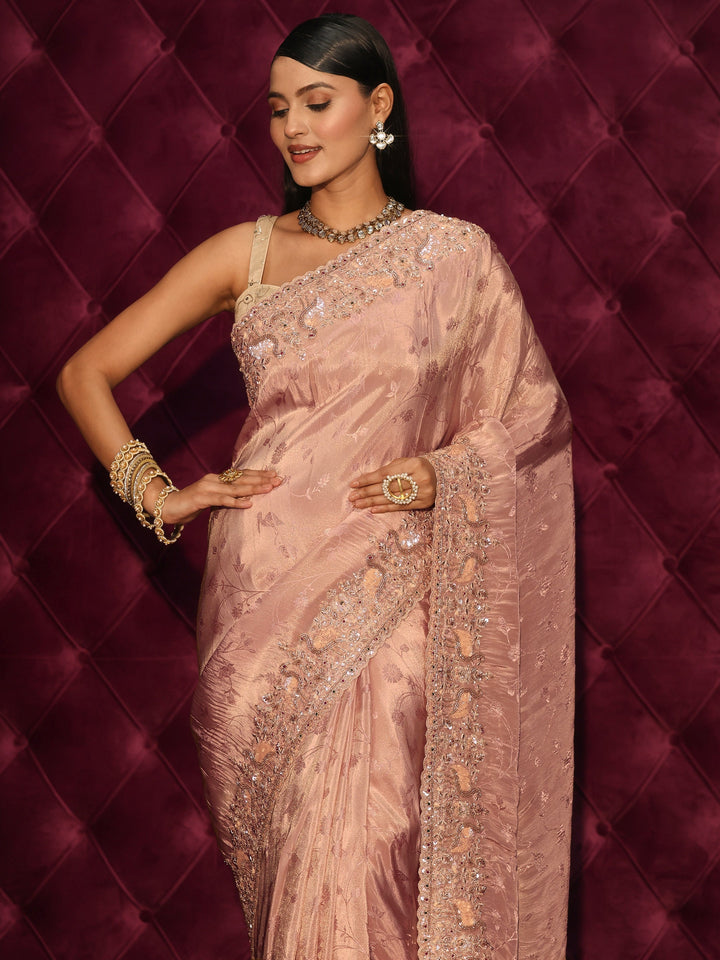 Libas Art Mauve Floral Woven Design Silk Blend Saree with Embellished Border