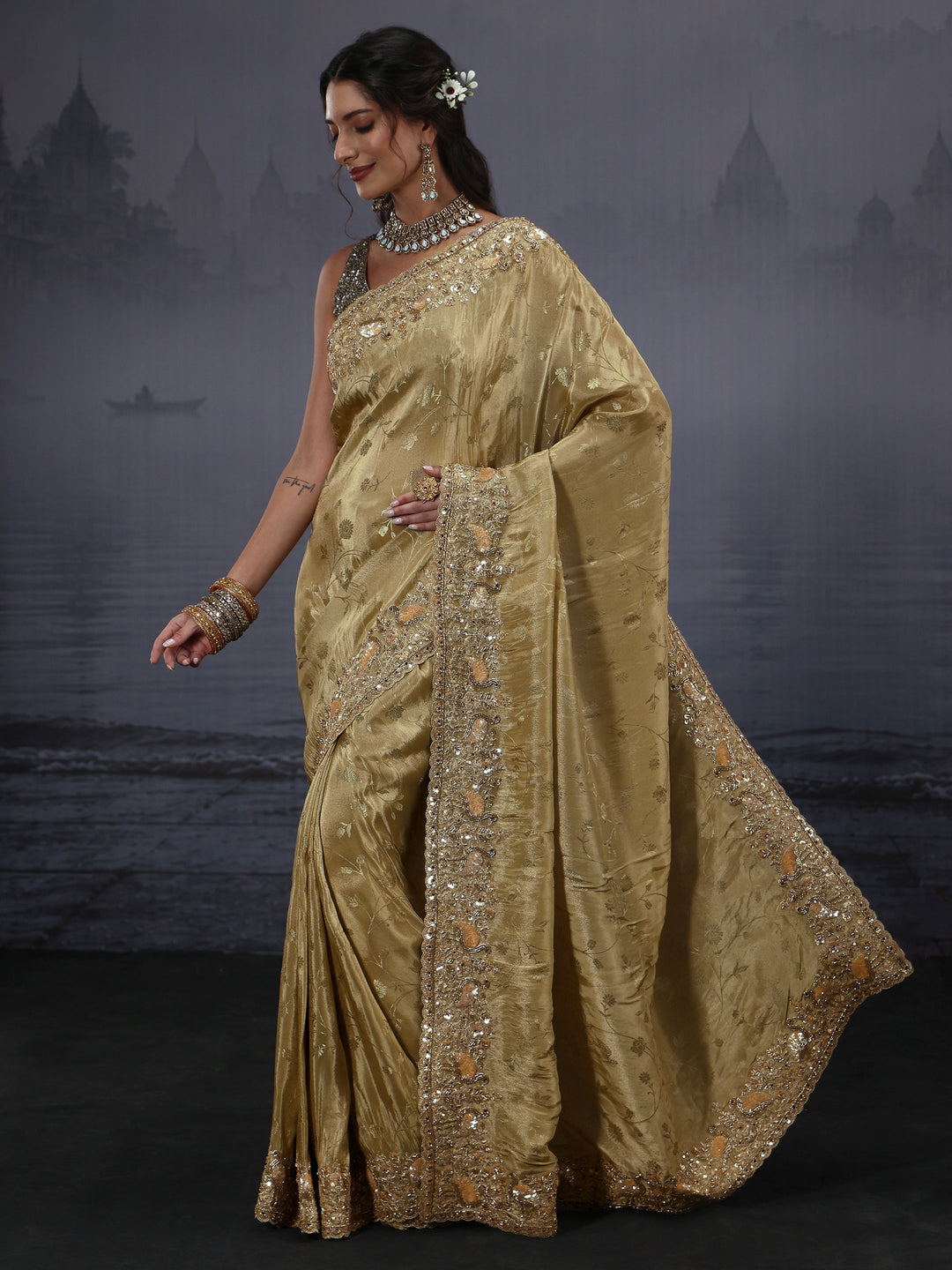 Libas Art Green Floral Woven Design Silk Blend Saree with Embellished Border