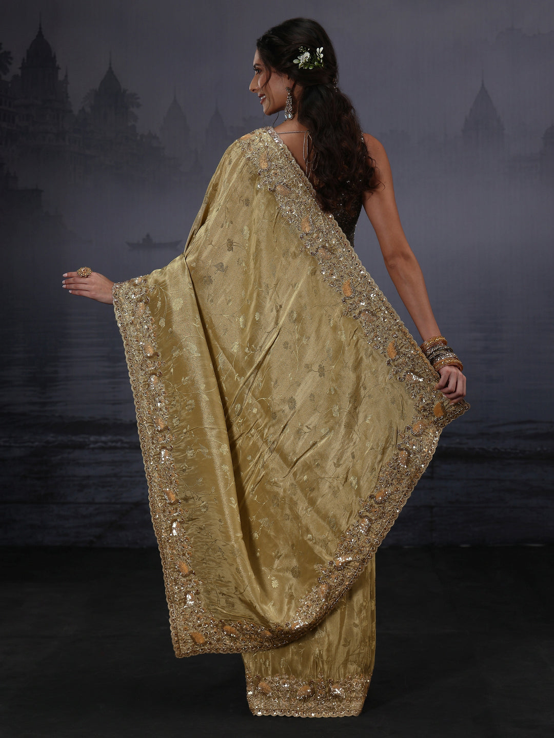 Libas Art Green Floral Woven Design Silk Blend Saree with Embellished Border