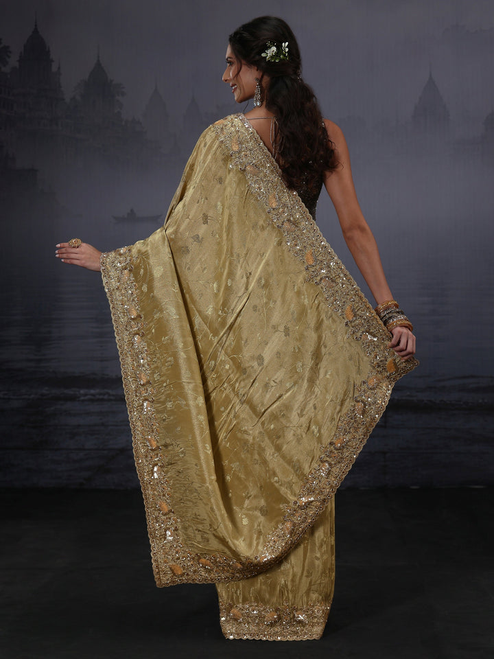Libas Art Green Floral Woven Design Silk Blend Saree with Embellished Border
