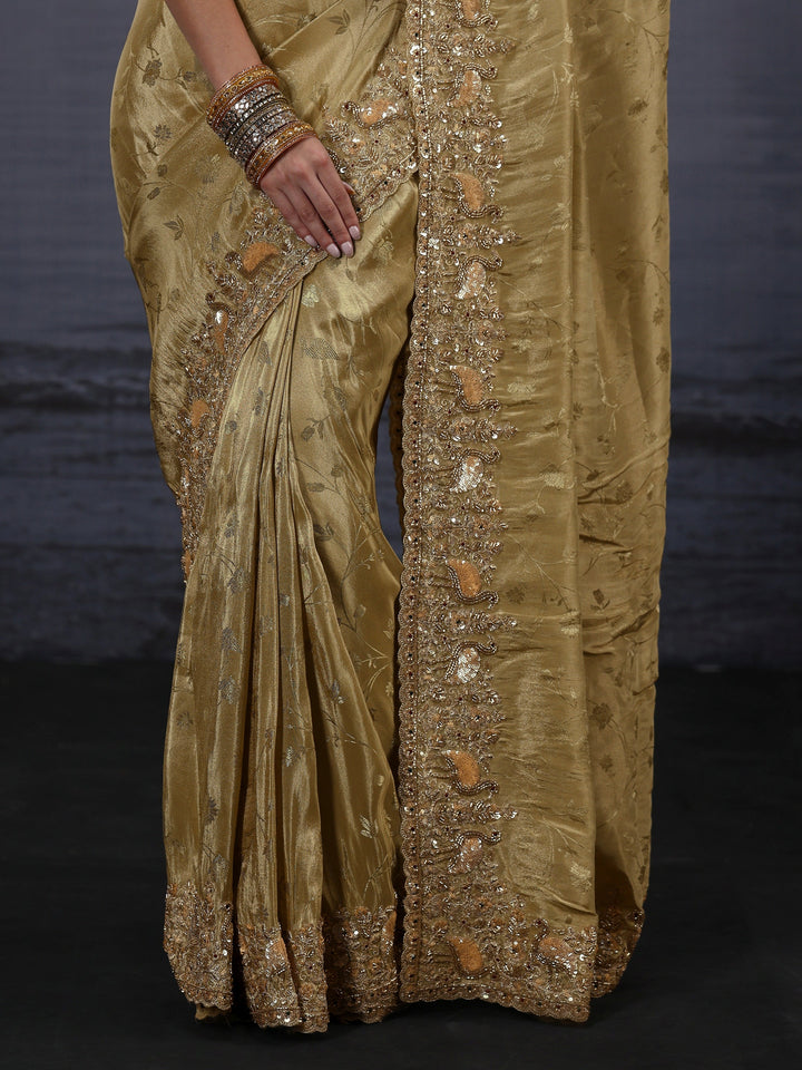 Libas Art Green Floral Woven Design Silk Blend Saree with Embellished Border