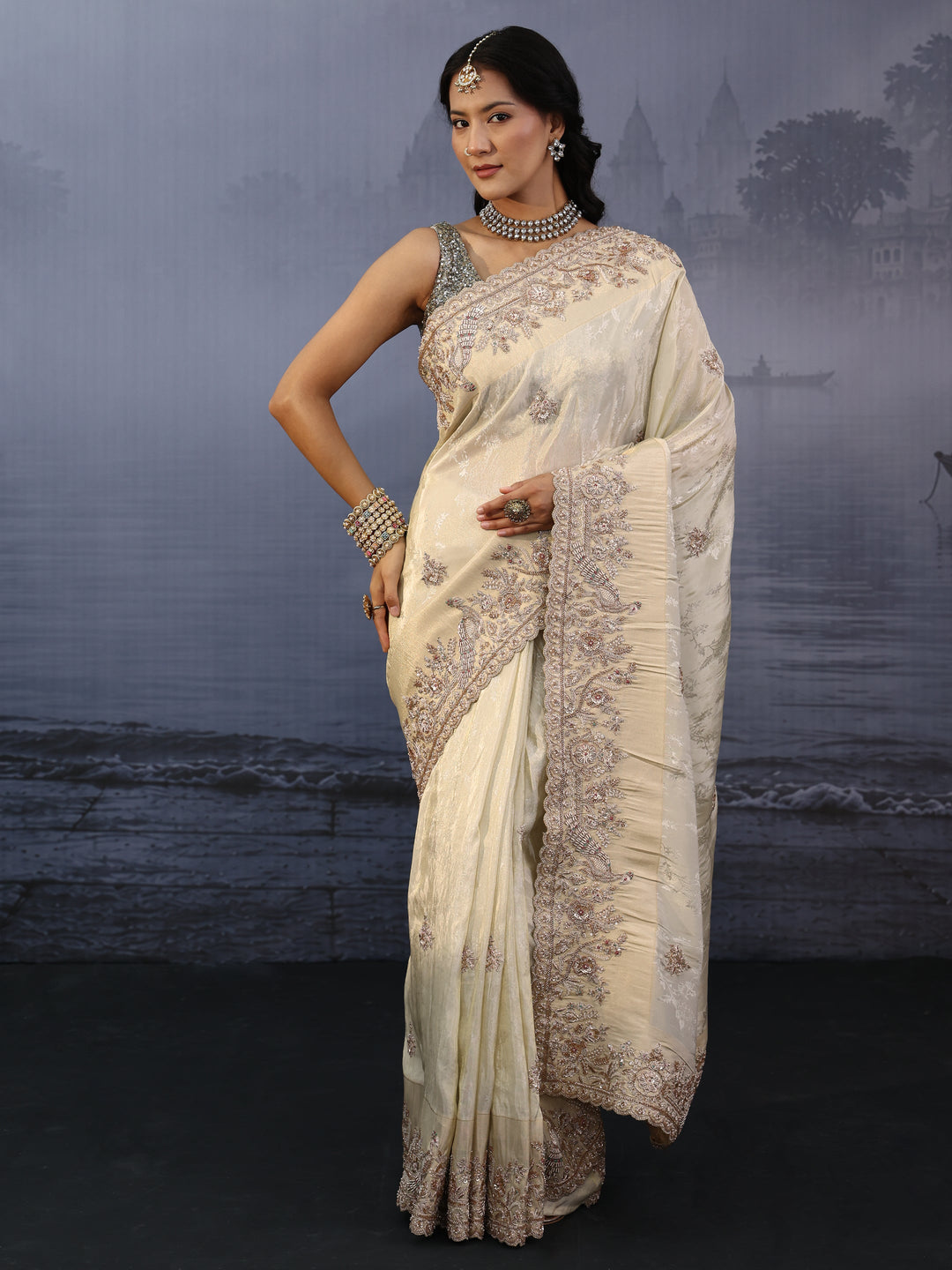 Libas Art Golden Embellished Silk Blend Saree