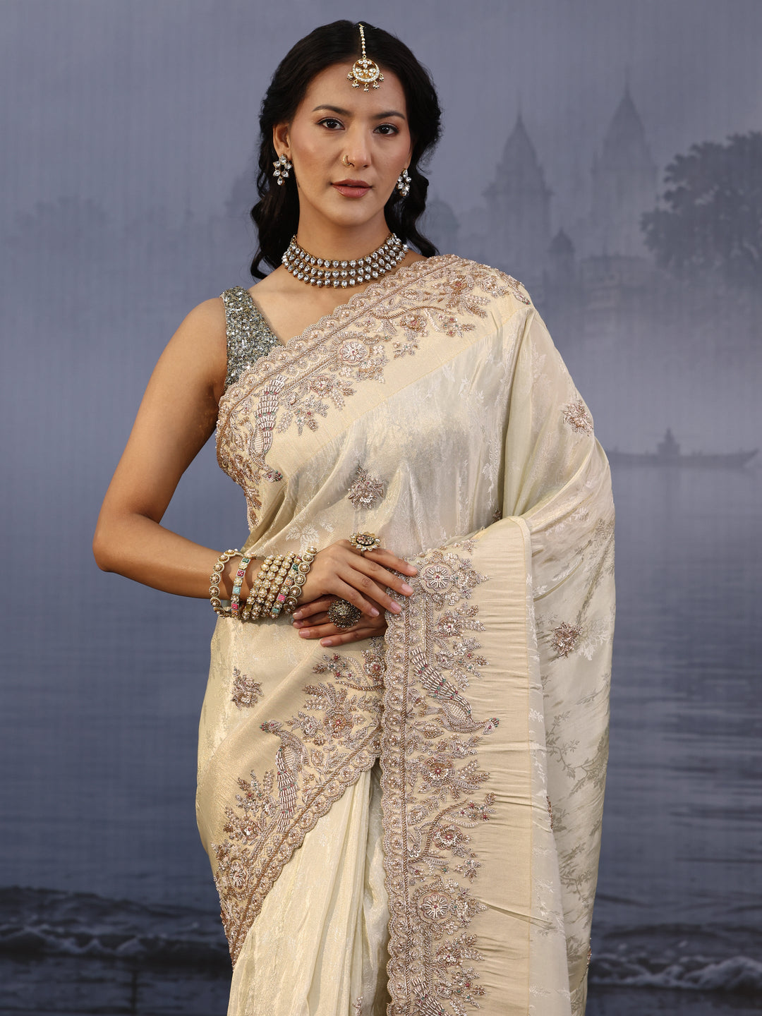 Libas Art Golden Embellished Silk Blend Saree