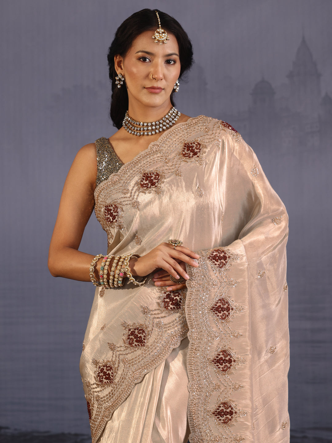 Libas Art Taupe Grey Embellished Silk Blend Saree