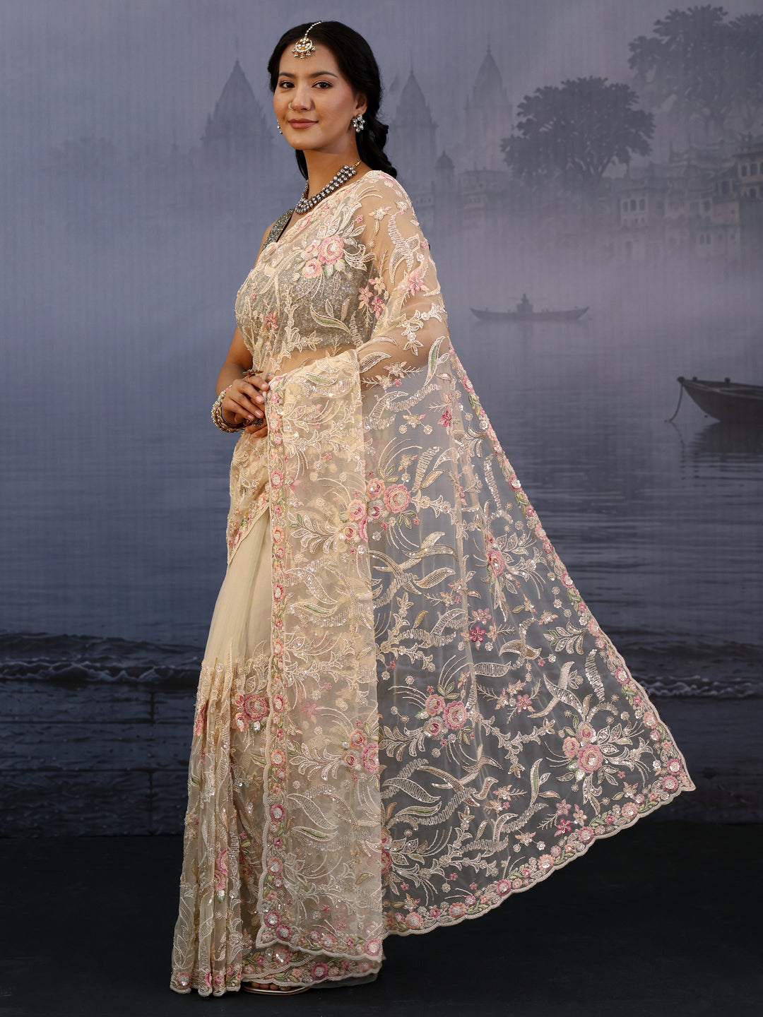 Libas Art Golden Floral Sequin Embellished Net Saree