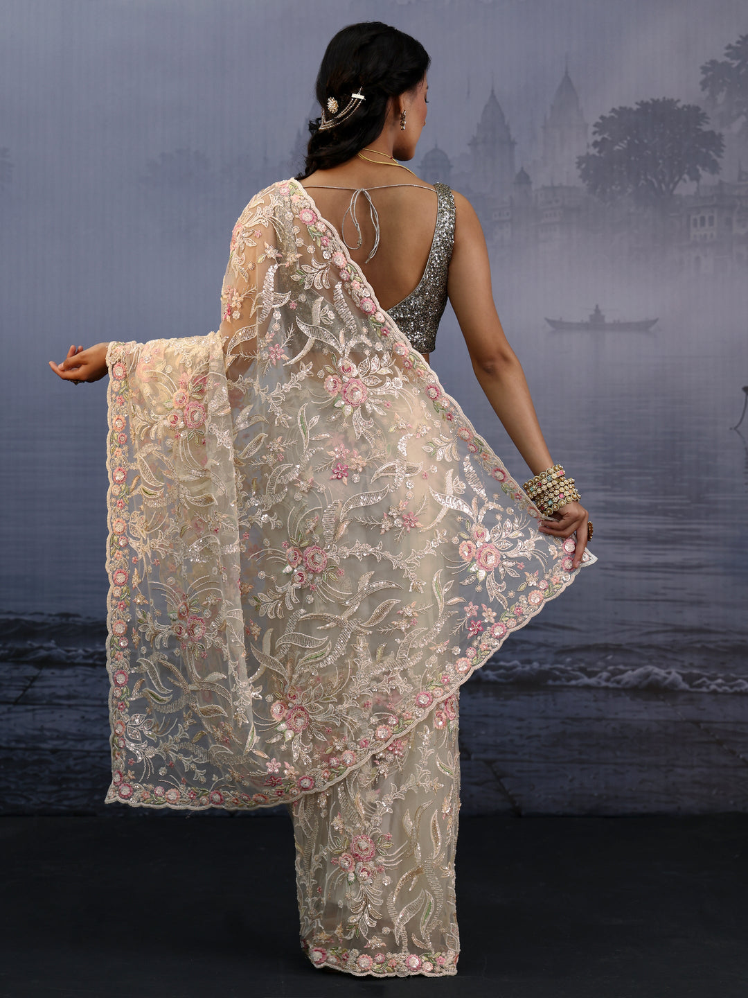 Libas Art Golden Floral Sequin Embellished Net Saree