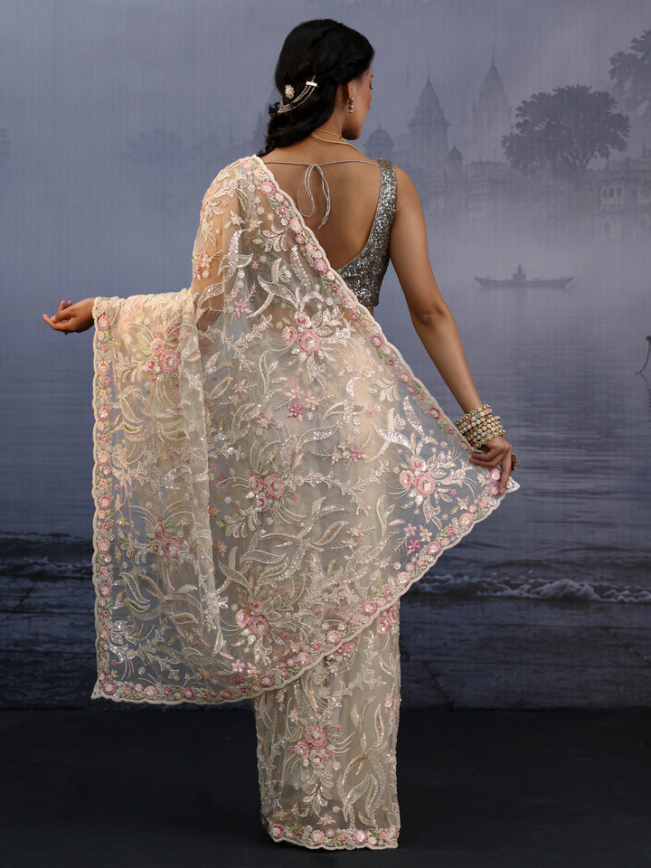 Libas Art Golden Floral Sequin Embellished Net Saree