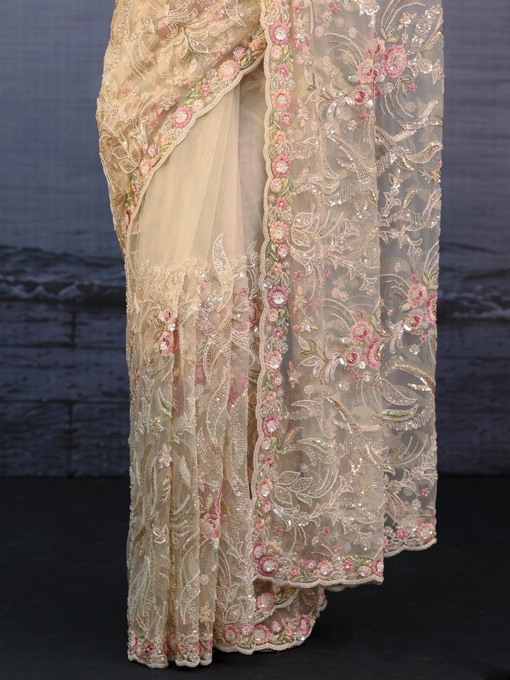 Libas Art Golden Floral Sequin Embellished Net Saree
