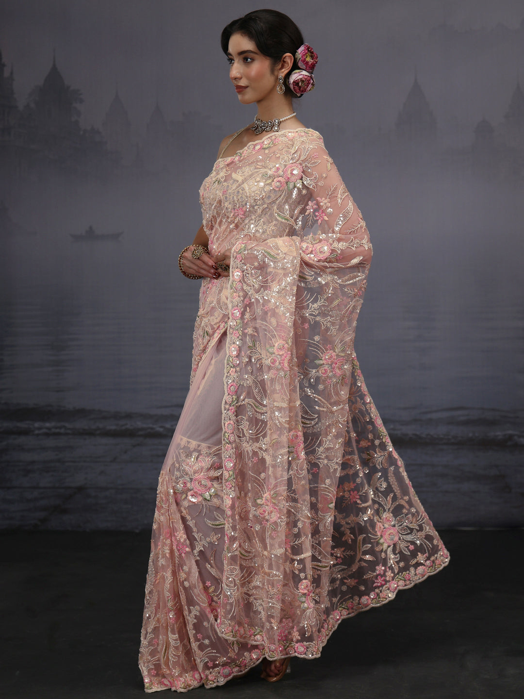 Libas Art Pink Floral Sequin Embellished Net Saree