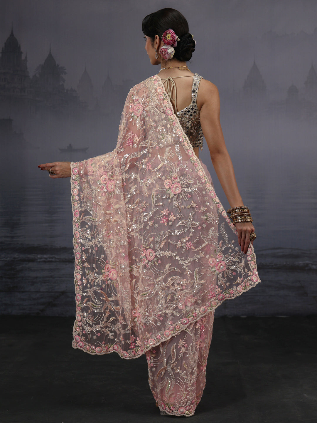 Libas Art Pink Floral Sequin Embellished Net Saree