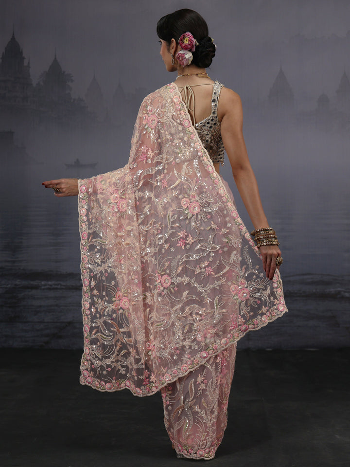Libas Art Pink Floral Sequin Embellished Net Saree