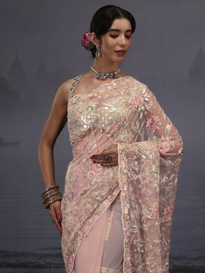 Libas Art Pink Floral Sequin Embellished Net Saree