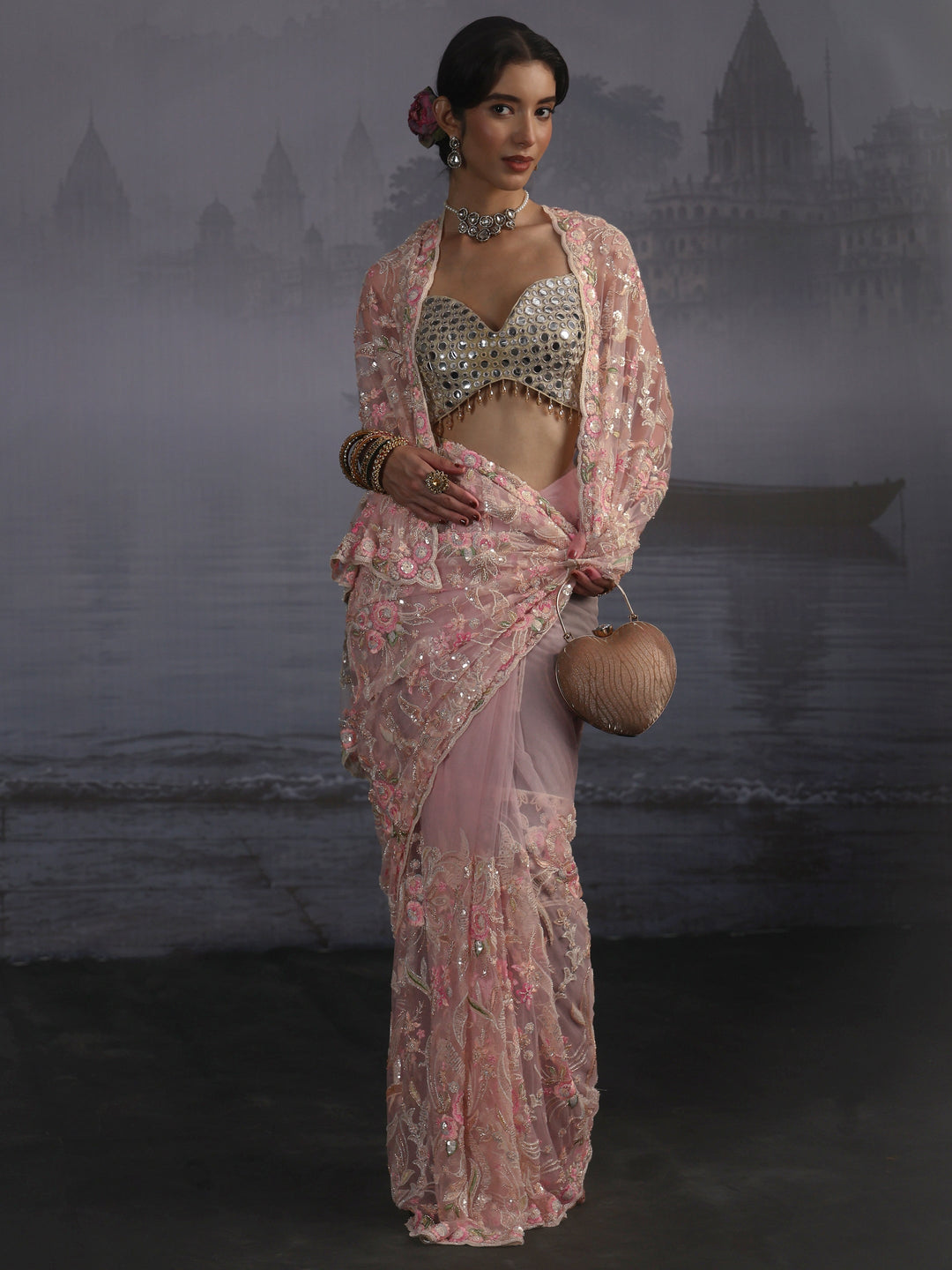 Libas Art Pink Floral Sequin Embellished Net Saree