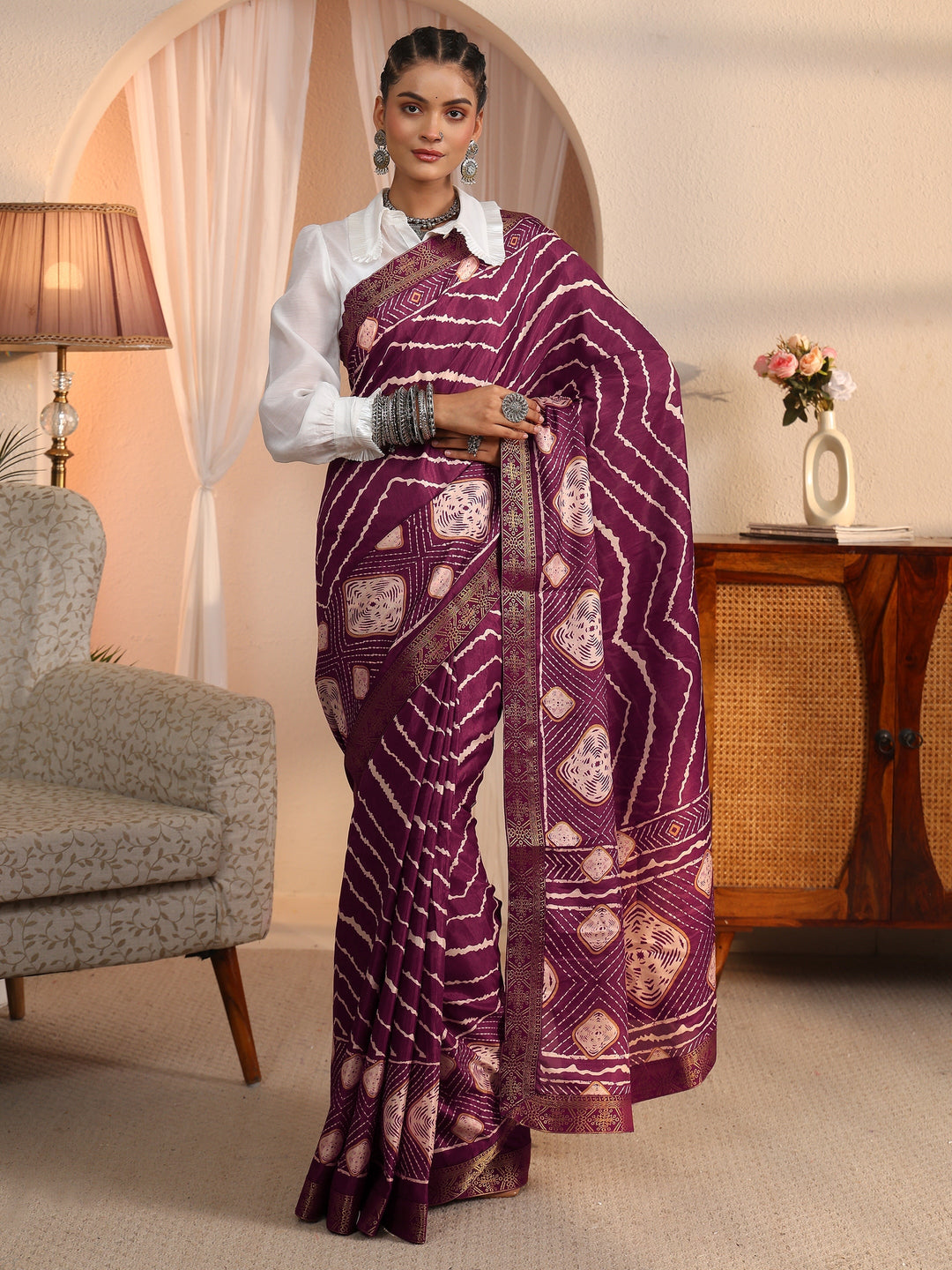 Libas Brown Chevron Printed Silk Blend Saree