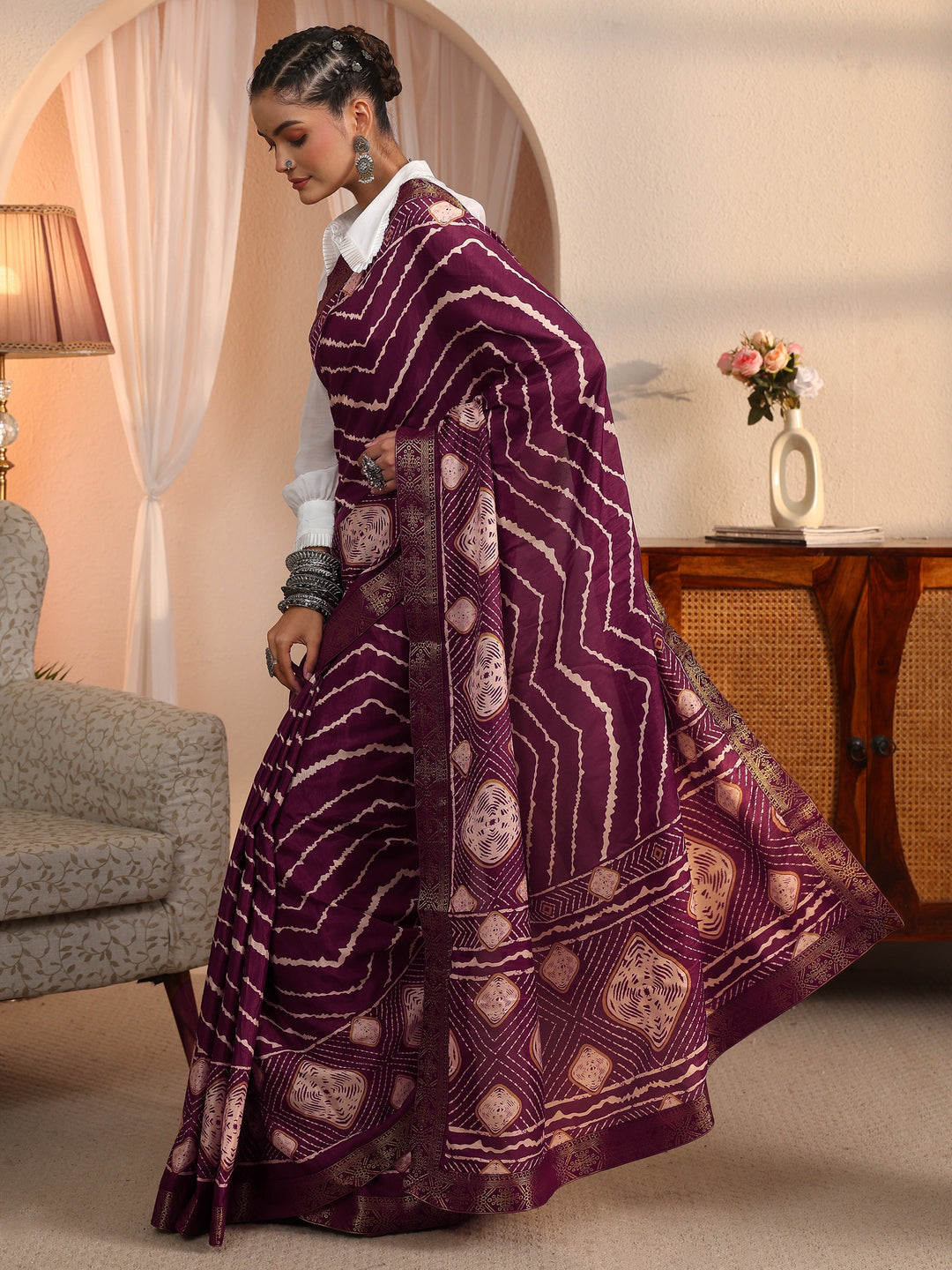 Libas Brown Chevron Printed Silk Blend Saree