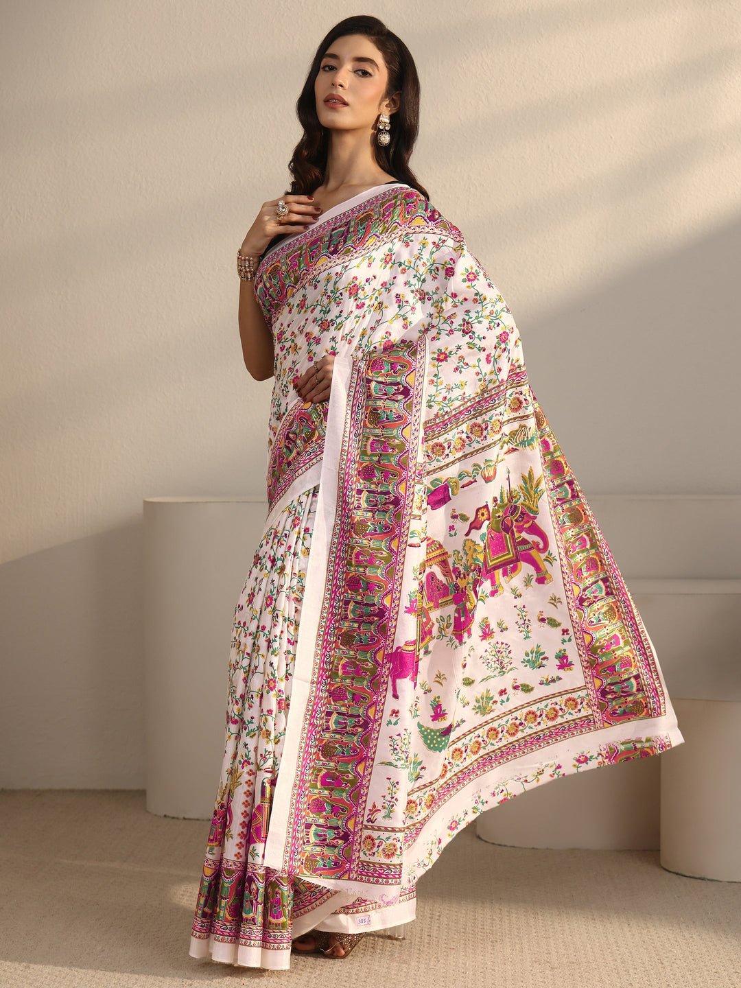 Libas Cream Floral Printed Silk Blend Saree with Mughal Border