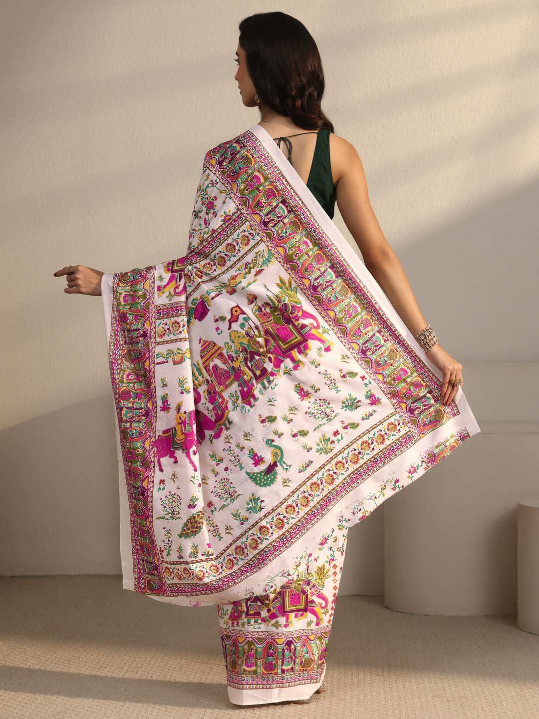 Libas Cream Floral Printed Silk Blend Saree with Mughal Border
