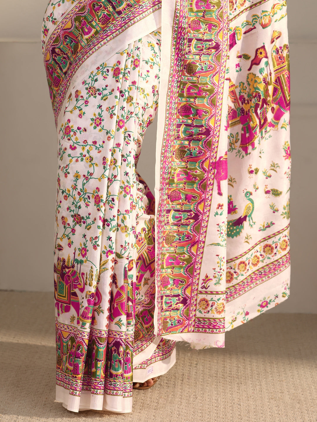 Libas Cream Floral Printed Silk Blend Saree with Mughal Border