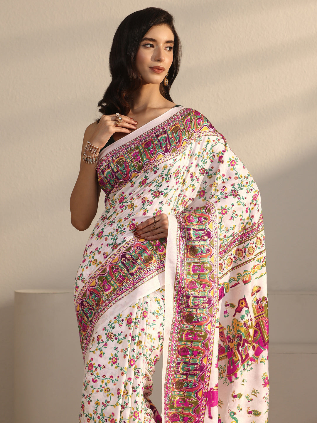 Libas Cream Floral Printed Silk Blend Saree with Mughal Border