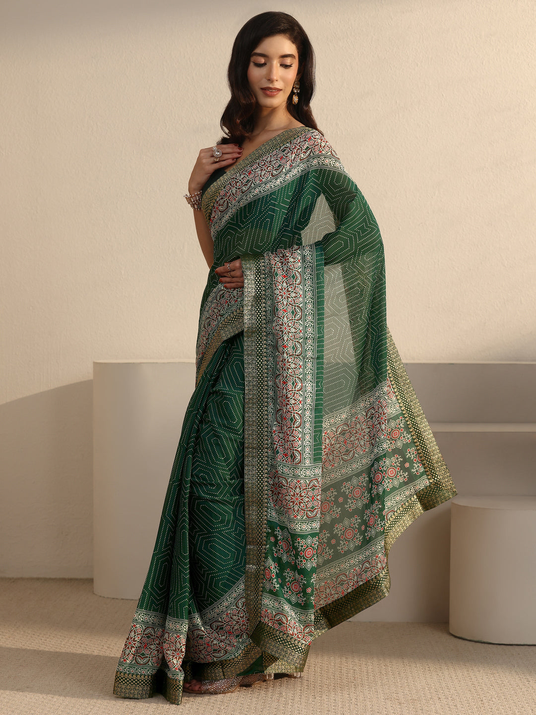 Libas Green Geometric Printed Embroidered Border Georgette Saree