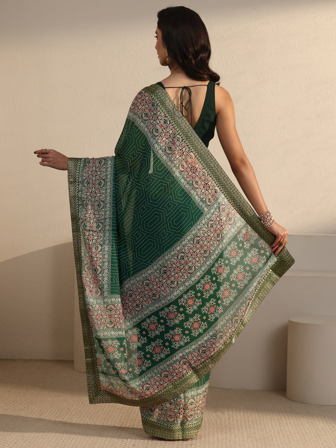 Libas Green Geometric Printed Embroidered Border Georgette Saree