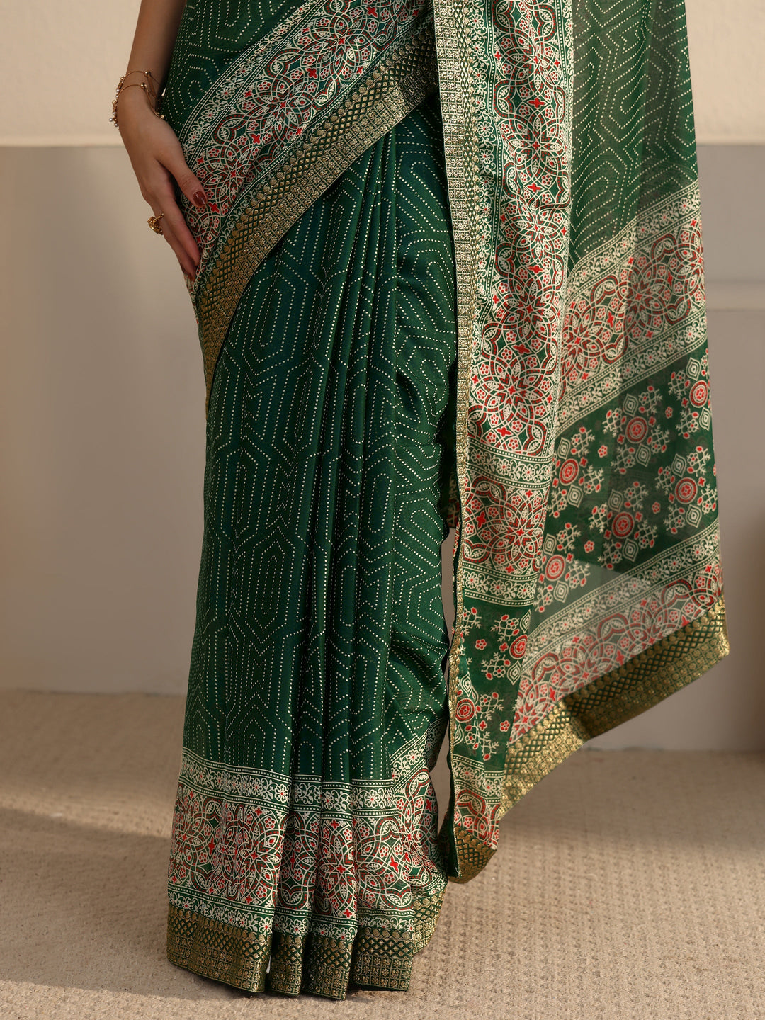 Libas Green Geometric Printed Embroidered Border Georgette Saree