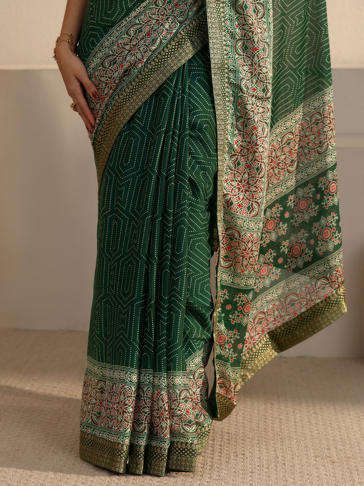 Libas Green Geometric Printed Embroidered Border Georgette Saree