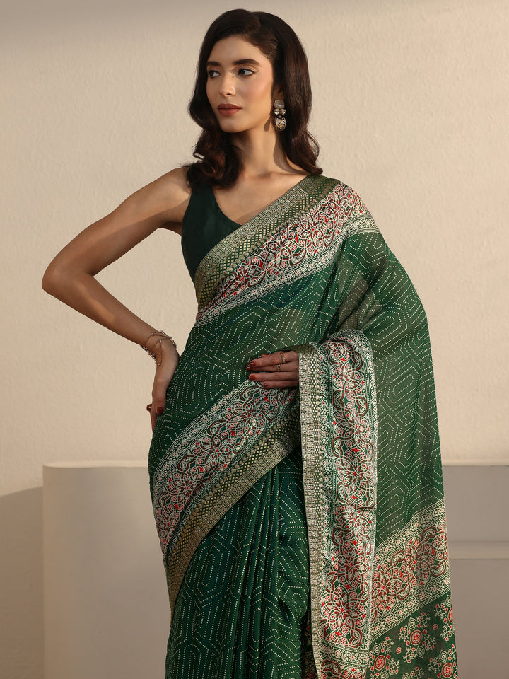Libas Green Geometric Printed Embroidered Border Georgette Saree