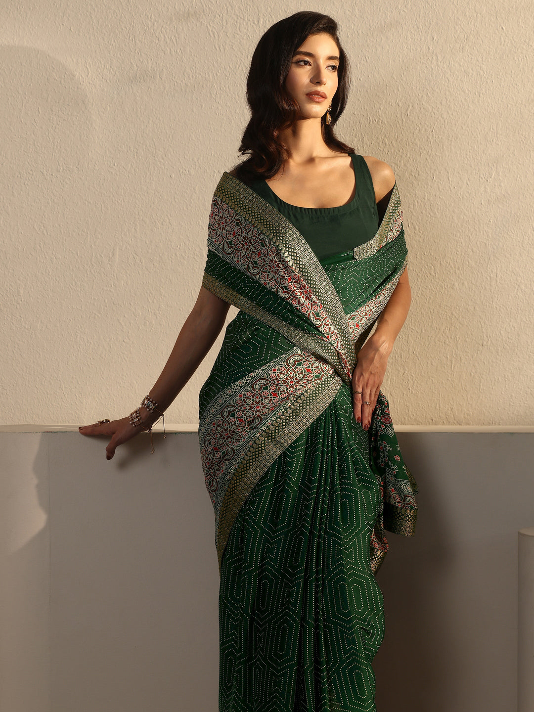 Libas Green Geometric Printed Embroidered Border Georgette Saree