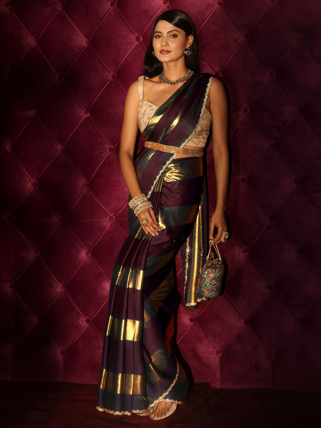 Libas Wine Striped Chiffon Saree with Embellished Border