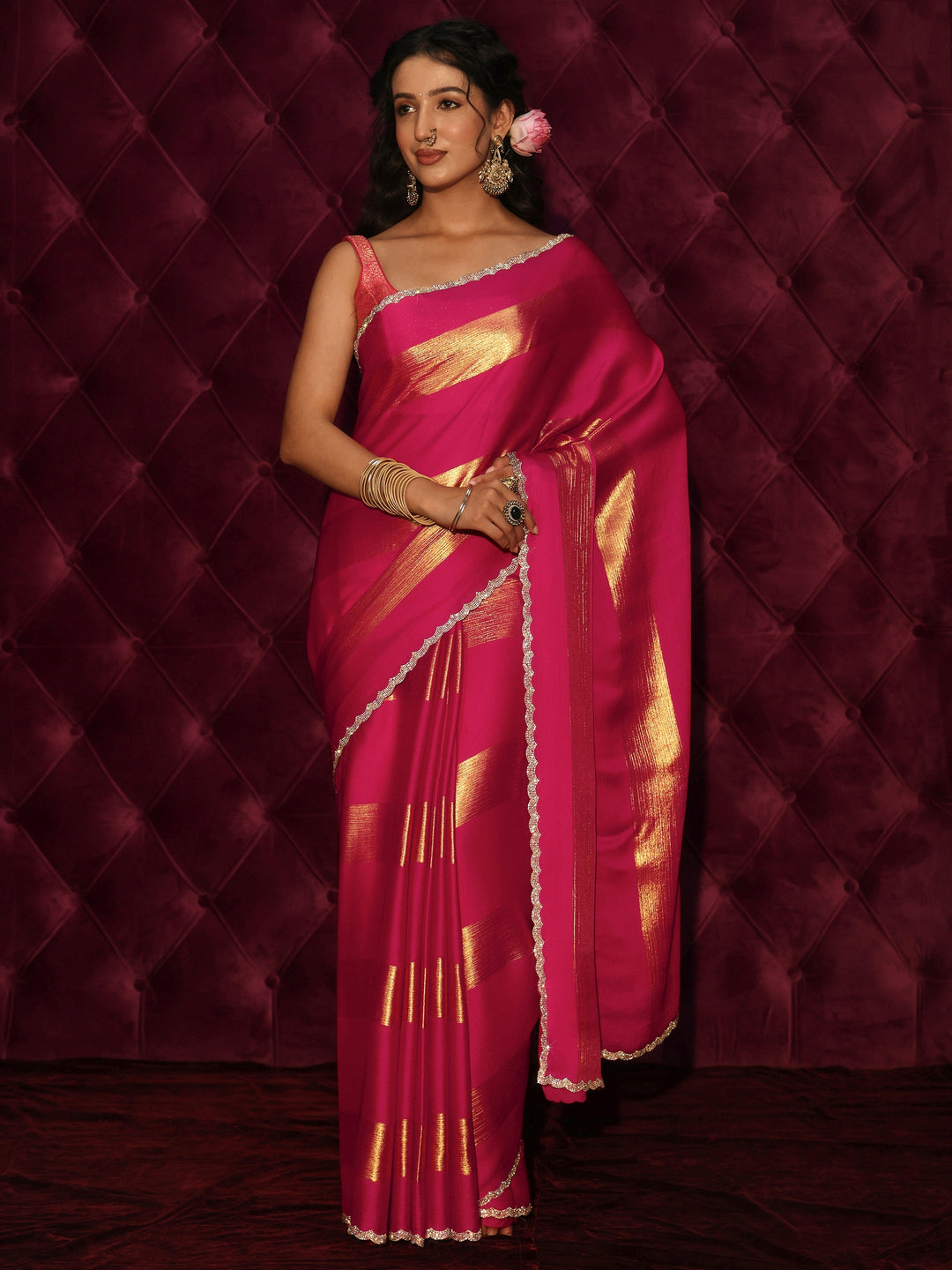 Libas Pink Striped Chiffon Saree with Embellished Border