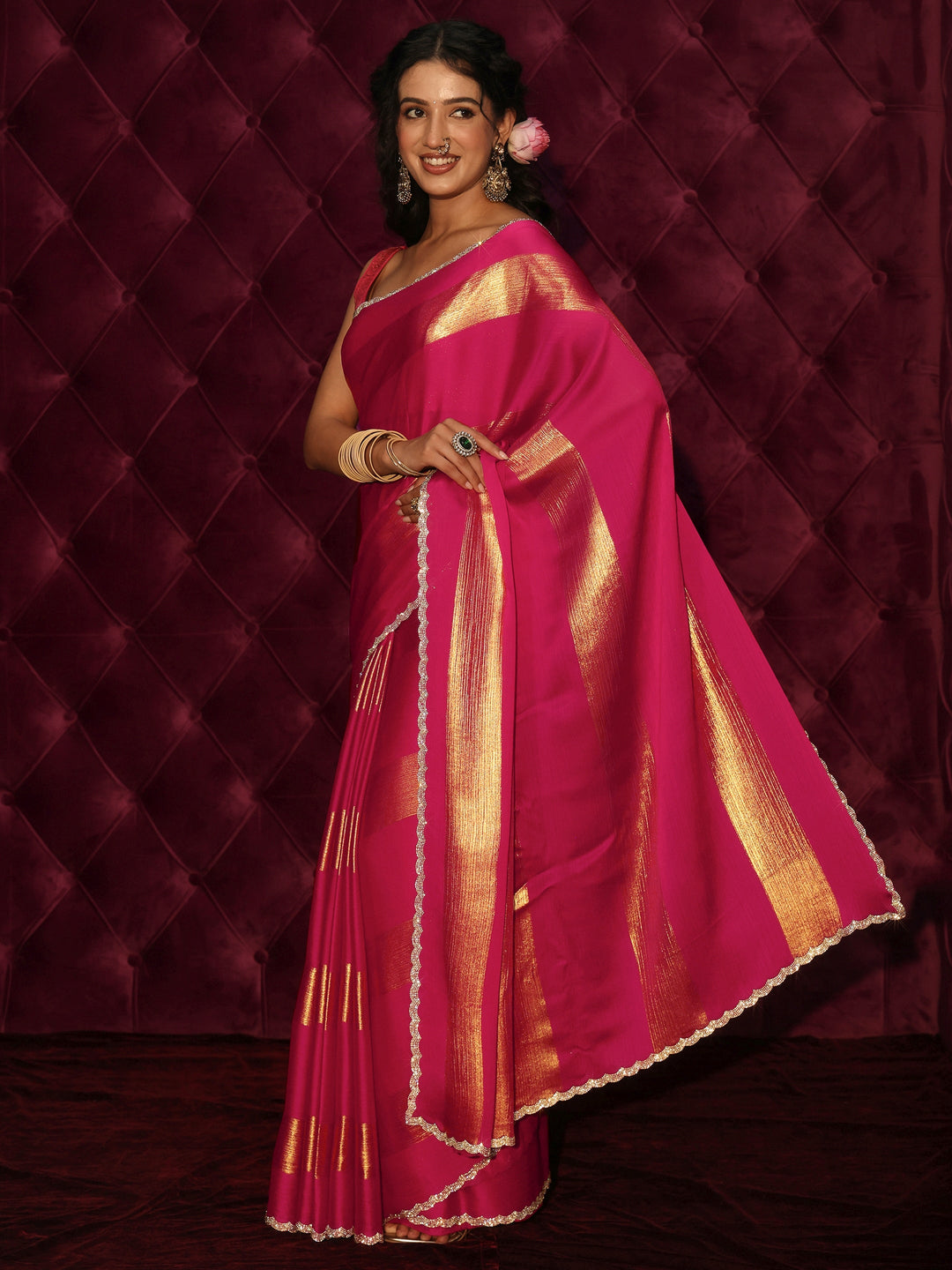 Libas Pink Striped Chiffon Saree with Embellished Border
