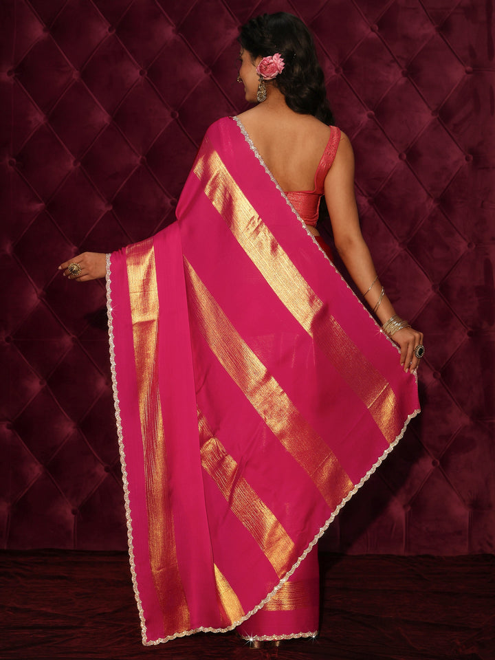Libas Pink Striped Chiffon Saree with Embellished Border