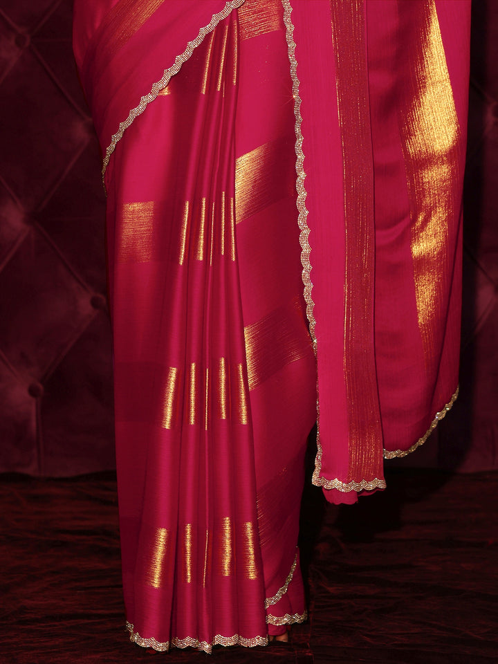 Libas Pink Striped Chiffon Saree with Embellished Border