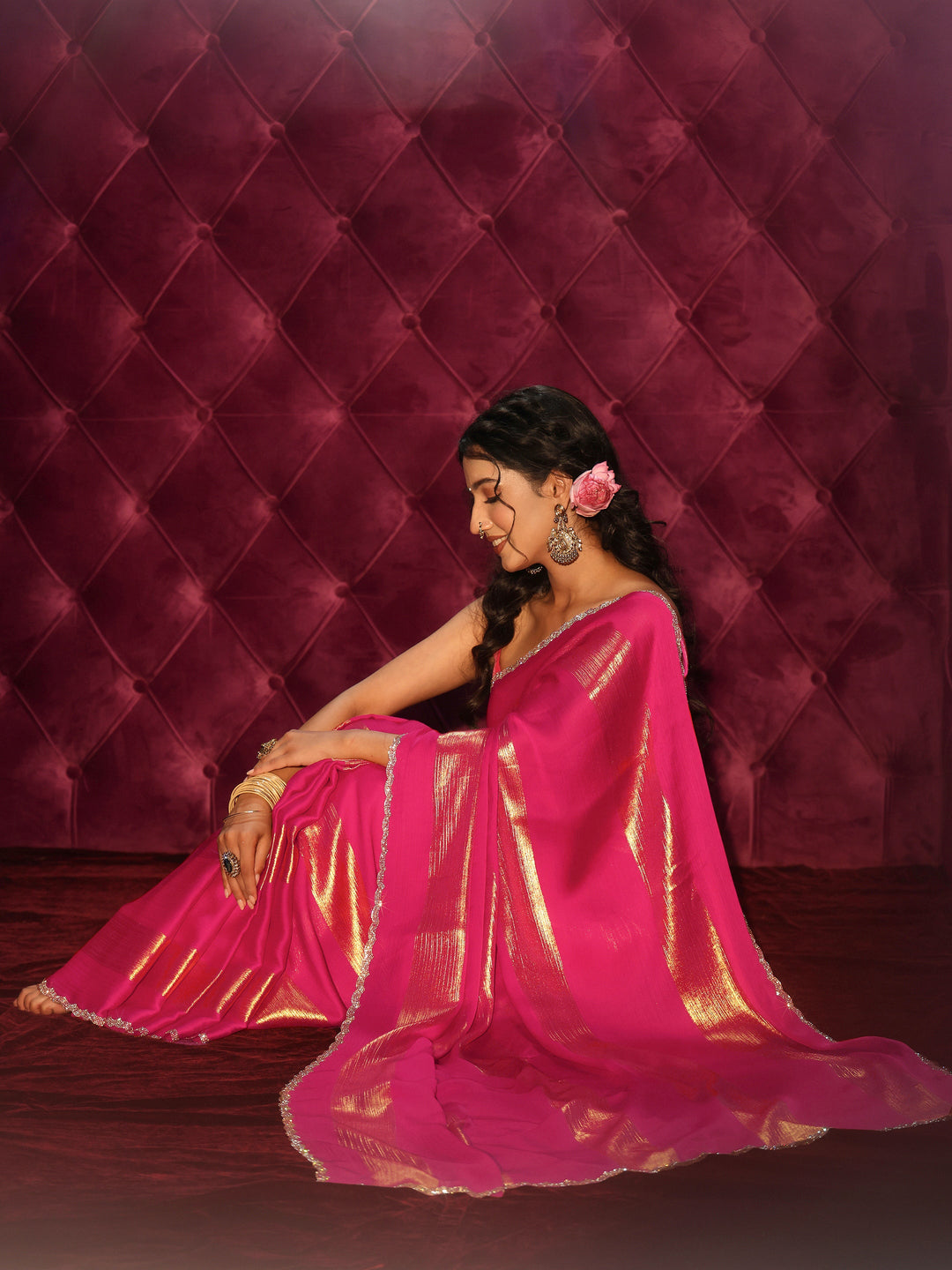 Libas Pink Striped Chiffon Saree with Embellished Border