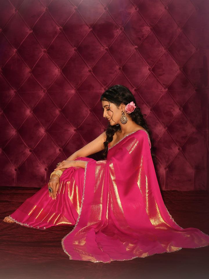 Libas Pink Striped Chiffon Saree with Embellished Border