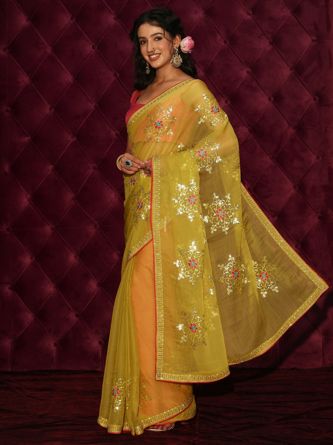 Libas Mustard Floral Sequin Embellished Organza Saree