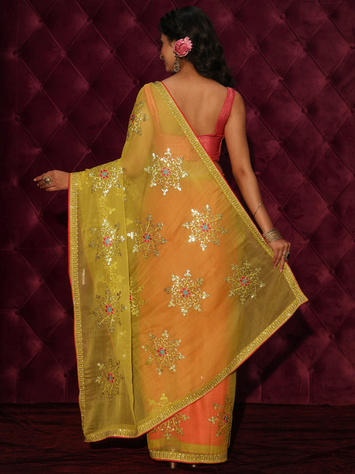 Libas Mustard Floral Sequin Embellished Organza Saree