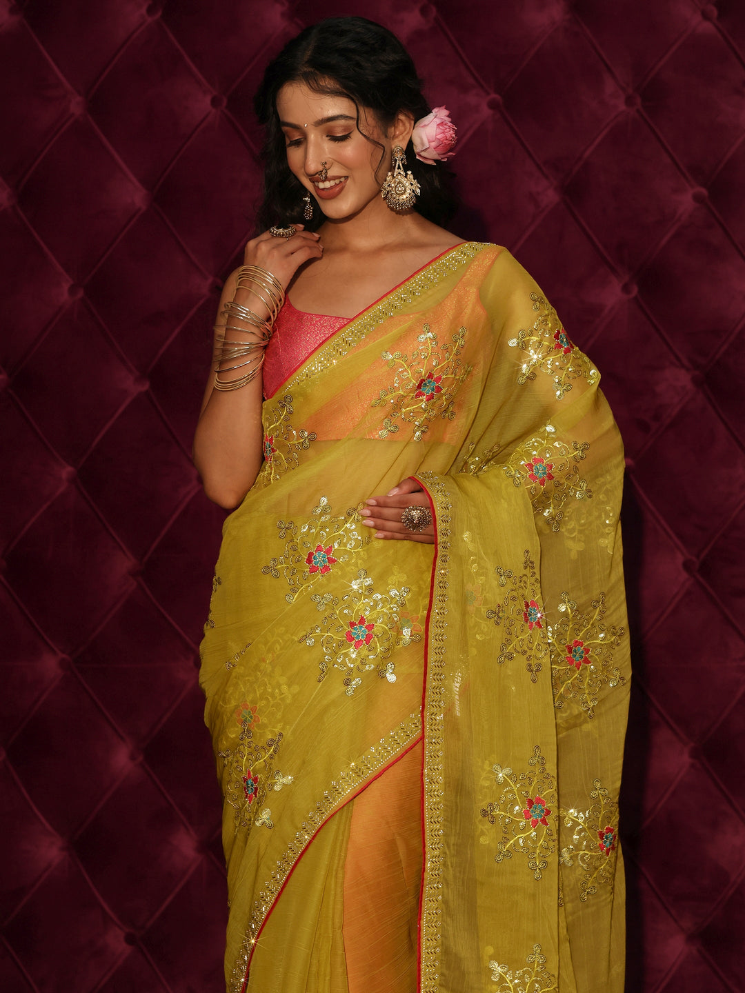 Libas Mustard Floral Sequin Embellished Organza Saree